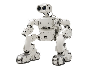a white robot with black eyes