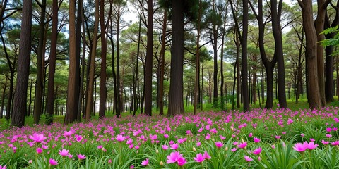 Dense forest canopy with tall trees standing amidst a sea of lush green grass and vibrant pink flowers swaying gently in the breeze, forest floor, nature