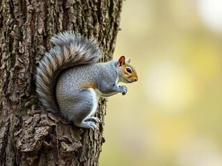 Eastern gray squirrel at the bottom of tree, furry, tree roots