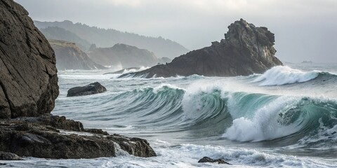 Fototapeta premium Elegant grey fluid waves on a rock formation, ocean rocks, wave erosion