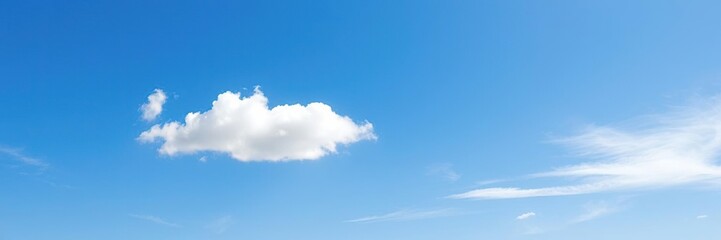 Fototapeta premium Soft white clouds float across a brilliant clear blue sky with a few wispy strands of cirrus at the horizon, daytime image, serene landscape
