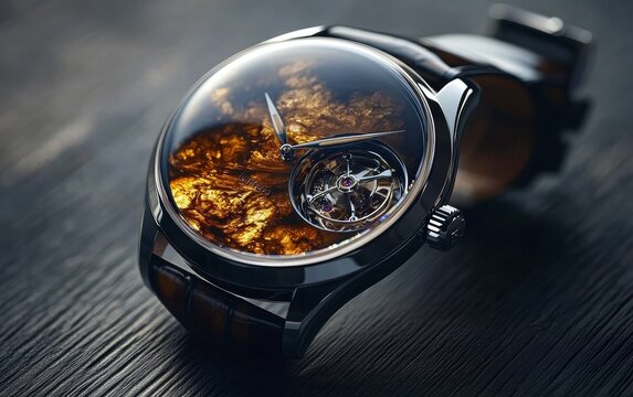 A luxurious watch featuring a unique, intricate design with a visible tourbillon mechanism.