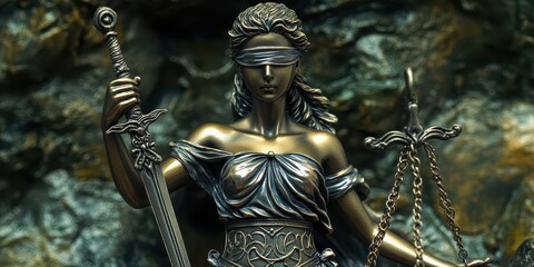 Fototapeta premium Statue of Lady Justice holding sword and scales, representing freedom, justice, and fairness.