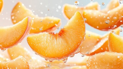 Juicy peach slices suspended in mid-air create a refreshing splash with droplets glistening under soft summer light