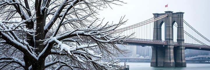 The snowflakes gently fall onto the branches of the tree as it stands proudly in front of the Queensboro Bridge's imposing structure, cityscape, frozen, snowy tree