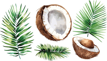 A set of watercolor coconut and palm leaves vector illustrations. Collection of isolates for labels, prints, banners. Watercolor illustration on white background. Summer fruit painting illustration