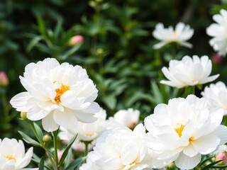 White peonies swaying gently in a watercolor-inspired garden, pastel color palette, lush foliage
