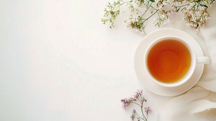 Elegant Isolated Cup of Tea on White Background with Delicate Flowers, Perfect for Relaxation, Wellness, and Calmness Themes in Stock Photography