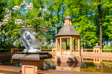 St. Petersburg, Russia - May 28, 2024: Pond with a gazebo in the Summer Garden.