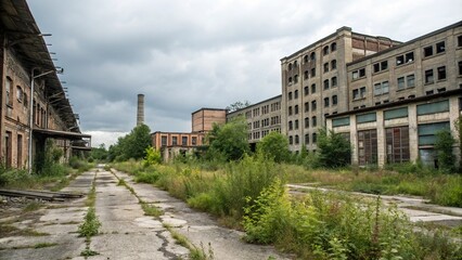 Obraz premium Abandoned and overgrown industrial site with crumbling buildings, factories, industrial, buildings, abandoned