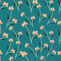 Seamless floral pattern, liberty ditsy fabric, textile print in country, folk motif. Simple botanical design of small hand drawn flowers, tiny leaves, random bouquets on a blue. Vector illustration.