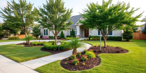 A beautiful concrete yard with modern landscaping in front of a house, trees, landscaping, home