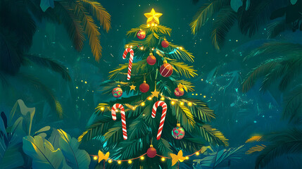 A vibrant Christmas tree adorned with ornaments and candy canes in a lush, tropical setting.