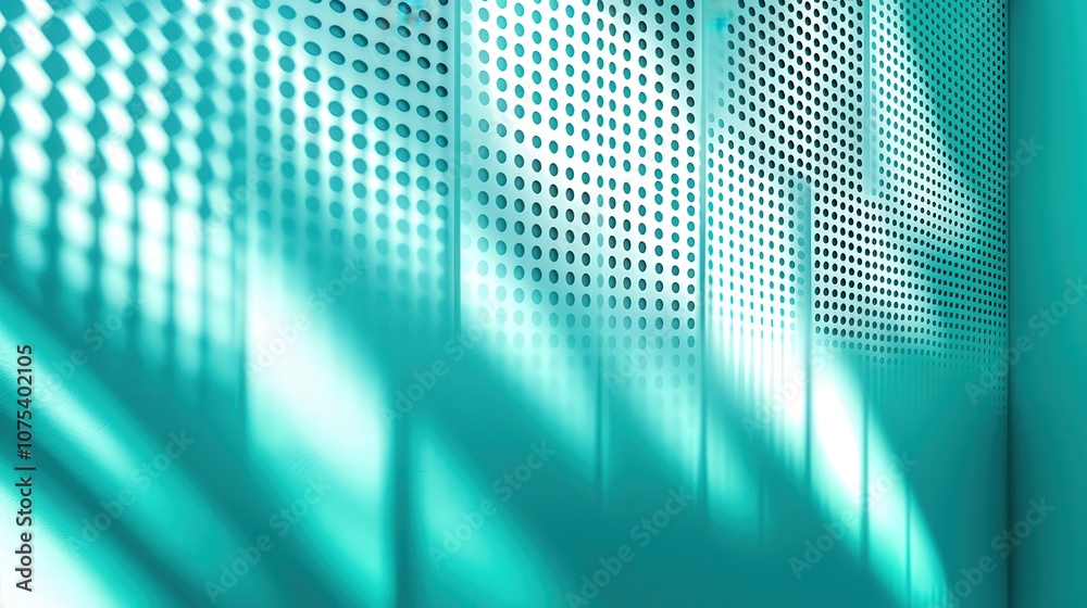 Poster A stylish wall featuring a unique perforated design in shades of turquoise is bathed in soft light, creating an artistic ambiance during the afternoon