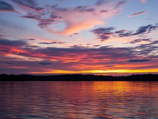 Obraz premium A shimmering expanse of colors and lights reflecting off the surface of a lake or river at dawn or dusk, like an ocean of shifting emotions, aquatic life, reflective surface