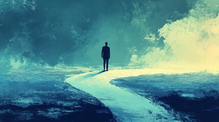 A solitary figure stands at the end of a winding path leading into a vast, hazy landscape.