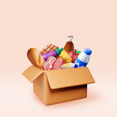 3D Cardboard box with food isolated. Render carton package full of groceries. Food donation or food bank concept. Fruits, milk, vegetables and meat products. Vector illustration