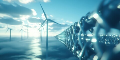 Sunlit wind turbines generating green energy in vast landscape, with bright and optimistic tone.