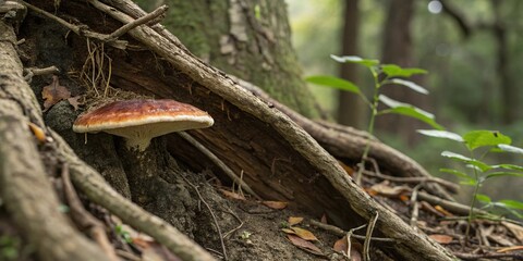 Naklejka premium Lingzhi mushroom growing in a network of tree roots on weathered tree trunk, forest floor details, woodland atmosphere, fungal morphology