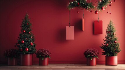 The cozy room features two Christmas trees adorned with ornaments, colorful tags, and bright floral arrangements, capturing a cheerful holiday atmosphere