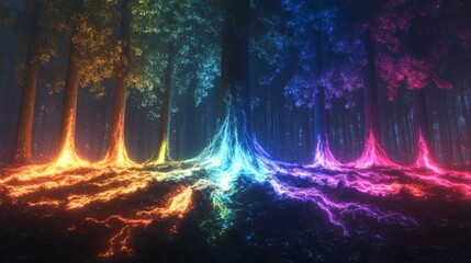 Obraz premium Glowing Tree Roots in a Mystical Forest