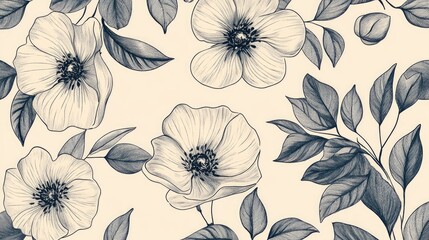 Line art illustration featuring hand drawn flowers and leaves