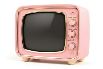 A vintage pink television set stands prominently, featuring decorative knobs and a classic style,...