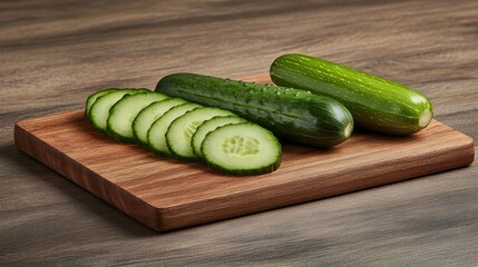 Fresh cucumbers and sliced pieces on a wooden cutting board, ideal for cooking or healthy eating.