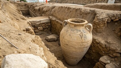 Fototapeta premium An ancient clay amphora buried in the excavation site with exposed earth around it, artifacts, antiquities, archaeology excavation, relic