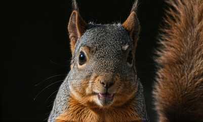 A curious squirrel stares into the camera with its bushy tail in the background