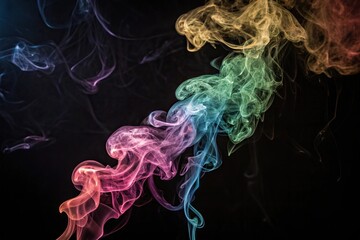 Colorful smoke tendrils dancing on a dark background, artistic, soft focus