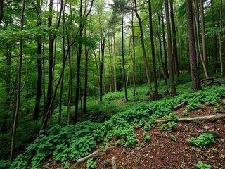 Obraz premium Forest with dense undergrowth and rugged terrain, national park, bushes