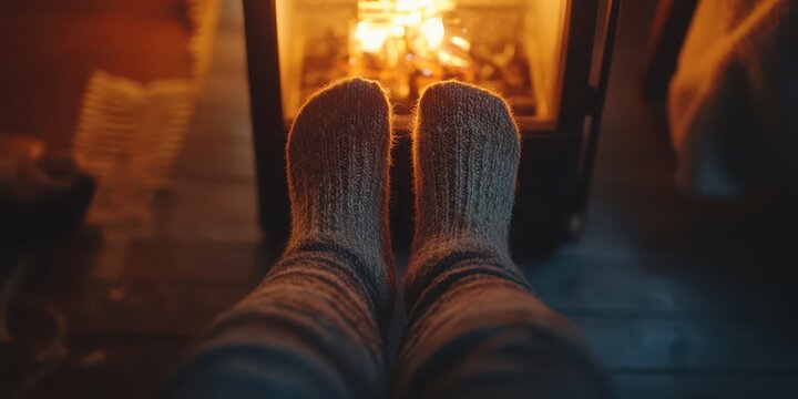 Close-up of woman&rsquo;s legs in thick wool socks near portable heater, attempting to stay warm in winter.