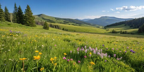 Mountain meadow in spring with wildflowers and lush green grass, tranquility, grasses, outdoors, alpine