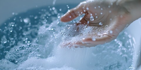 Fototapeta premium Woman trying to turn on bathtub water, facing low water pressure, relatable scene.