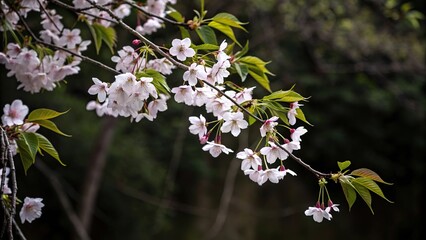 Cherry blossom leaves cascade down a dark and mysterious background, striking contrast, cascading, bold brushstrokes, leaves, black background