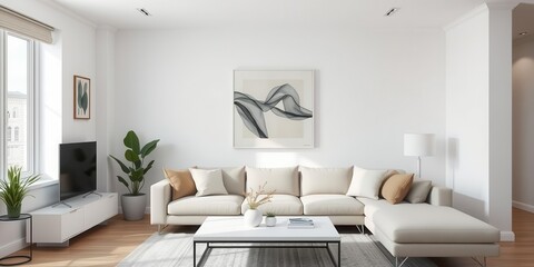 Fototapeta premium A modern living room with minimalist decor, featuring a sleek white sofa, geometric coffee table, and abstract art on the walls, modern, interior, white