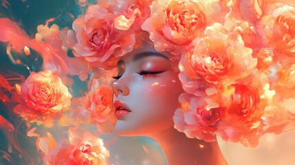 A dreamy portrait of a woman with vibrant floral hair against a soft, colorful background in a mystical atmosphere