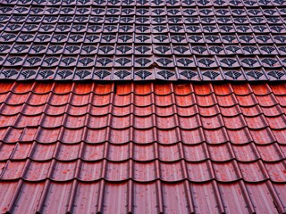 Fototapeta premium Close-up of a metal sheeting on a pitched roof with an intricate pattern, architecture, modern