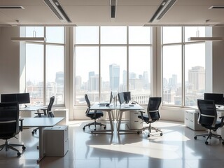 A modern office workspace with sleek desks, ergonomic chairs, and large windows overlooking a city skyline, clean, contemporary, furniture