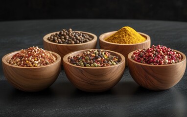 A variety of spices displayed in wooden bowl, showcasing vibrant colors and textures.