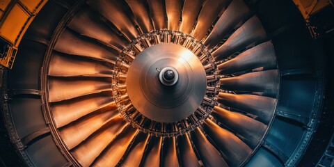 Industrial maintenance of aircraft jet engine under sunlight, emphasizing power and efficiency.