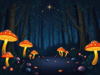 Whimsical forest at night with glowing mushrooms and twinkling stars, whimsical, glowing, nocturnal