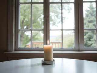 Fototapeta premium A single pillar candle sits atop a table in front of a window with a view of the outdoors, sunlight, warm illumination, shadow