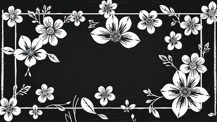 Black and white chalk floral pattern in a rectangular frame with a mix of bold and fine lines, moody atmosphere, modern design