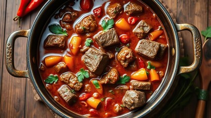 Hearty beef goulash simmering in a large rustic pan with aromatics and fresh chillies, slow cooking, comfort food