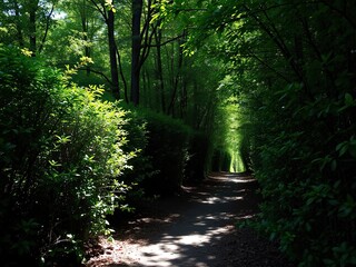 Obraz premium Narrow forest path winding between dense bushes with sunlight filtering through leaves, greenery, foliage, trees