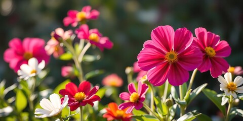 Obraz premium Vibrant flowers blooming in the morning light, morning, sunlight