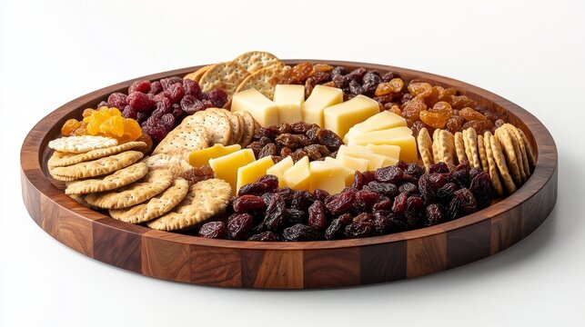 A beautifully arranged cheese and cracker platter with dried fruits for sharing and enjoyment.