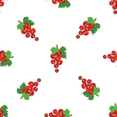 Red currant seamless pattern on white background featuring bunches of ripe berries hanging from green leaves, ideal for healthy eating and fruit themed designs